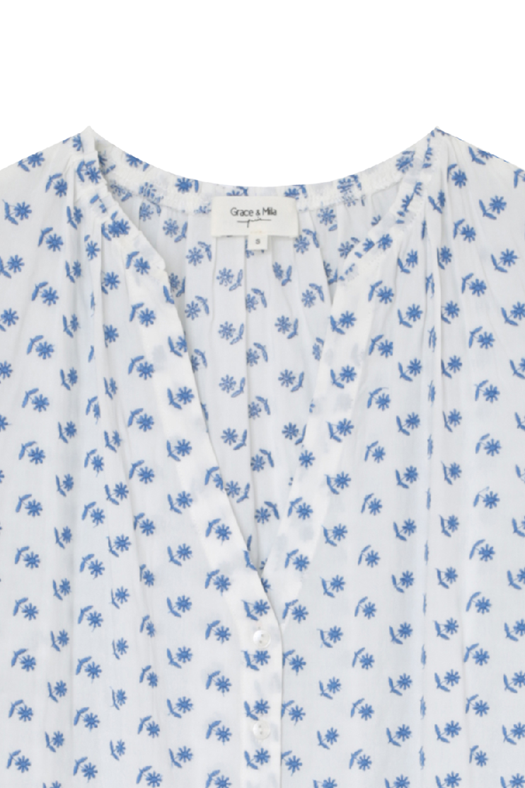 Embroidered cotton blend Tunisian collar shirt Blue