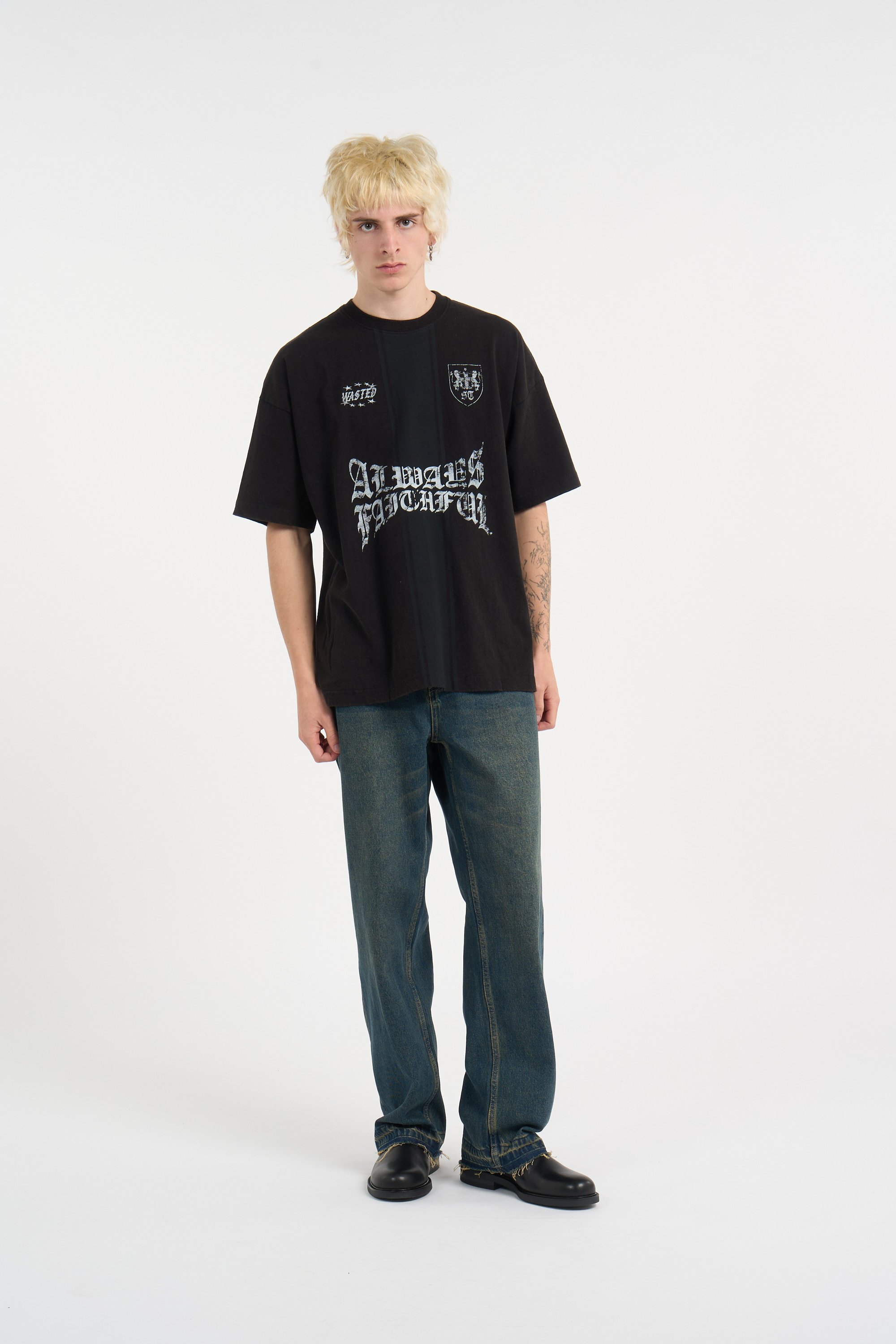 Regular-fit round-neck cotton T-shirt WASTED Black