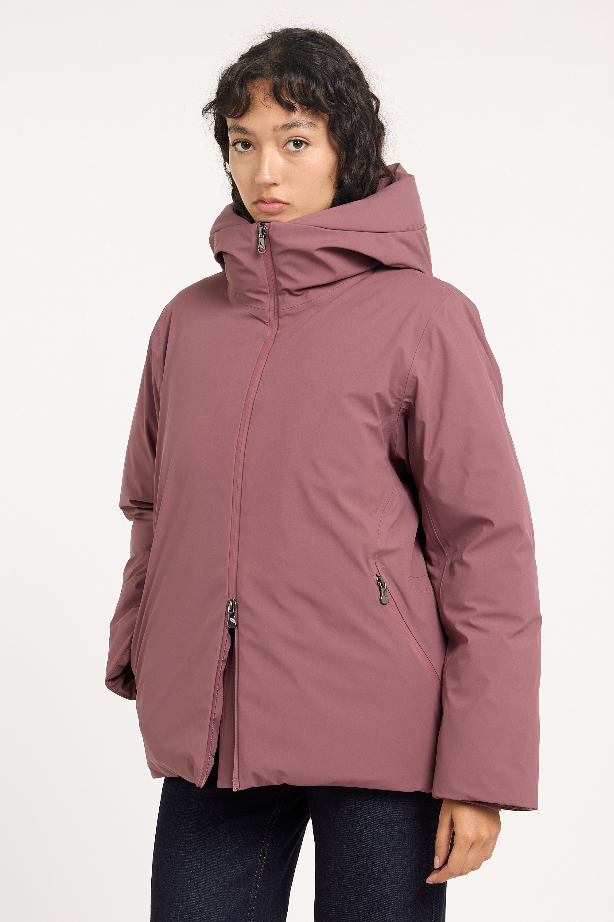 Zipped high-neck colorblock padded jacket with hood | Pink RAINS Women
