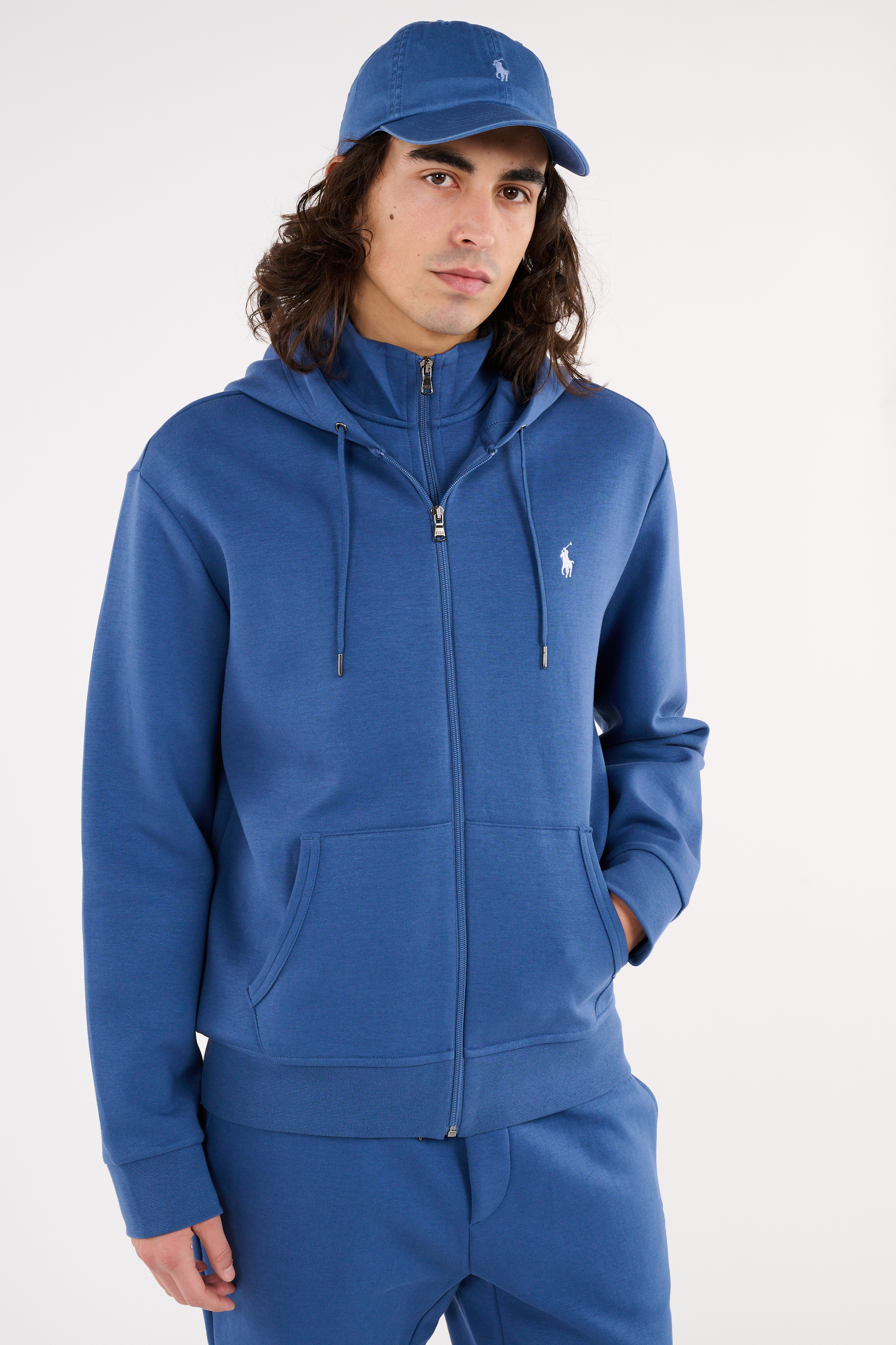 Regular-fit zip-up cotton-blend hoodie with Pony Player Blue