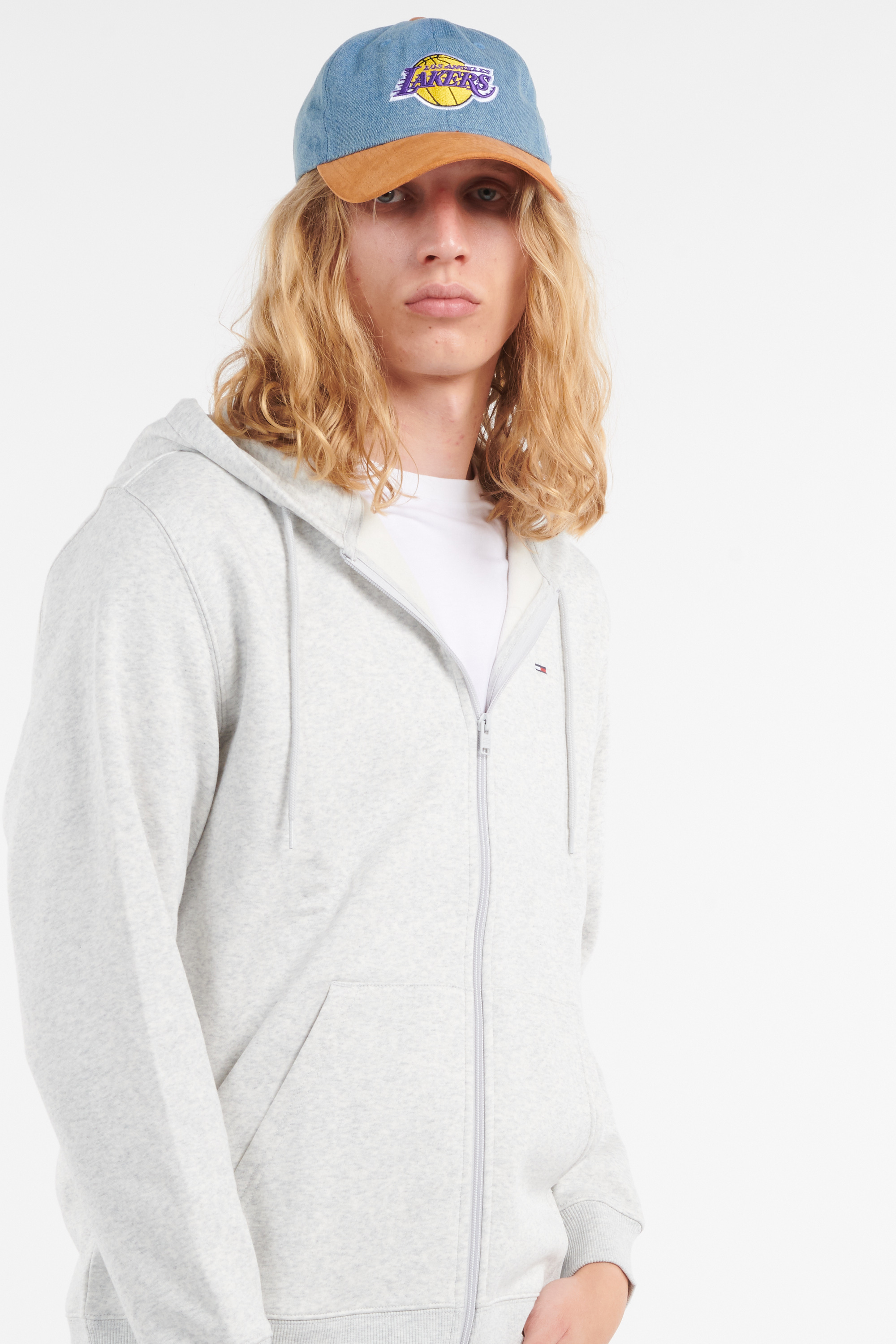 Regular-fit zip-up cotton-blend hoodie with Pony Player Grey