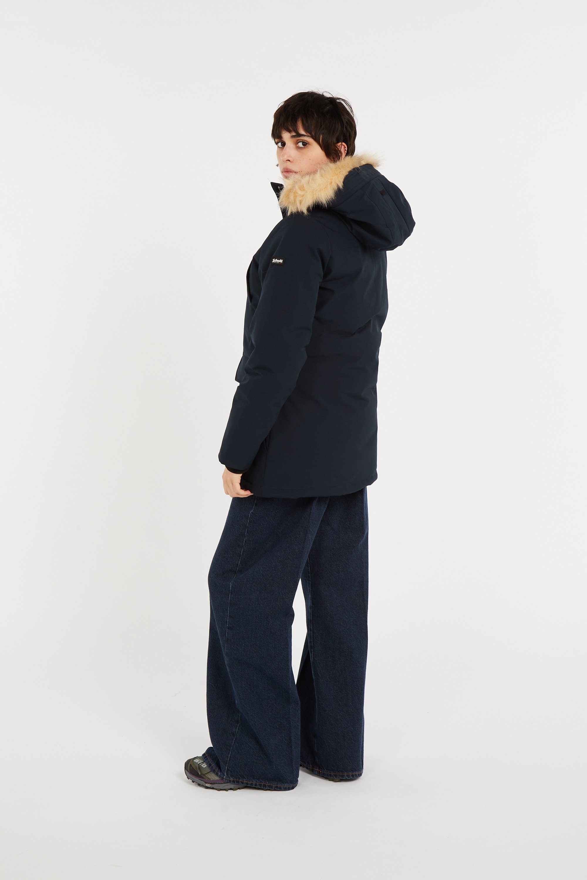 Zipped high-neck colorblock padded jacket with hood | Blue SCHOTT Women