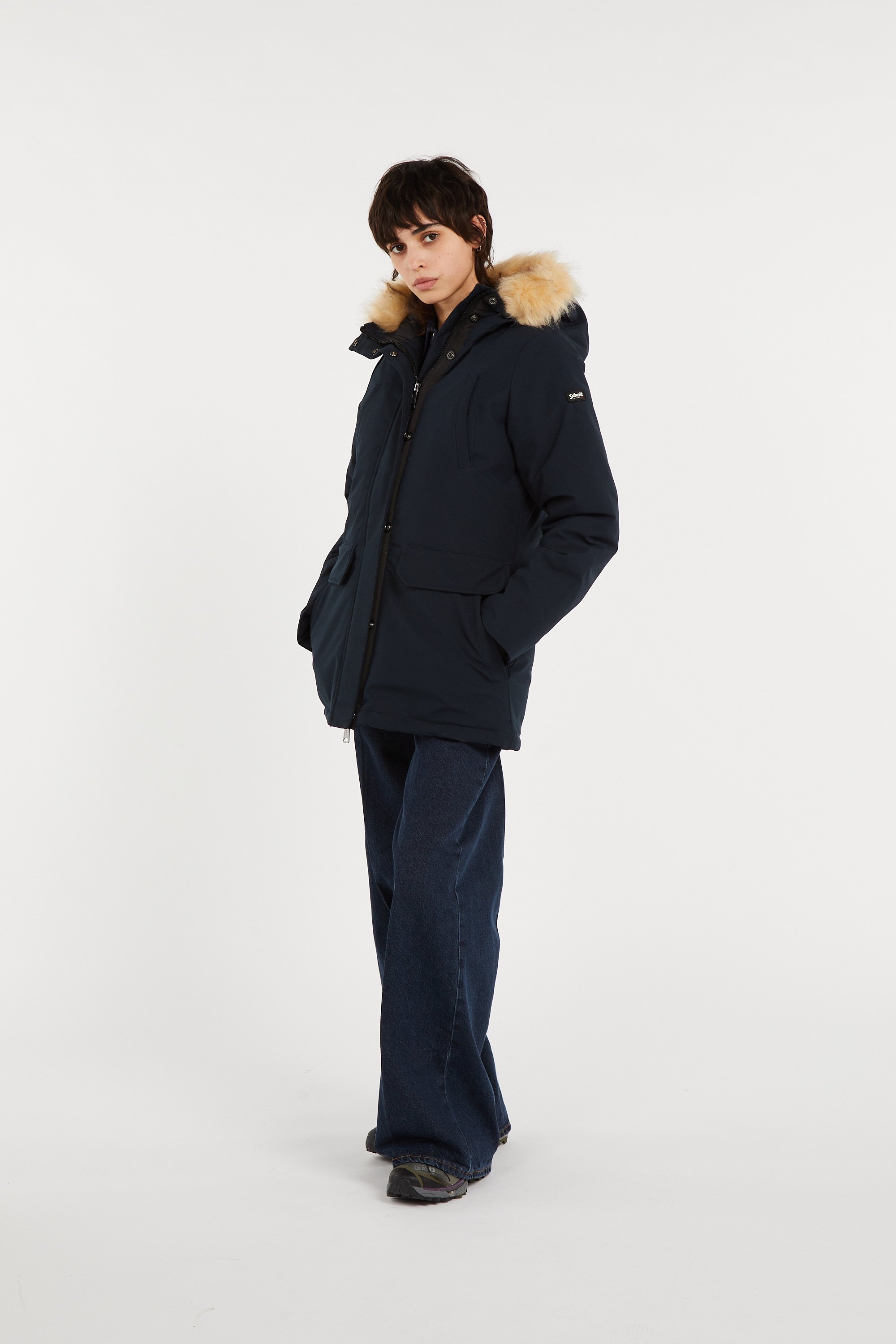 Zipped high-neck colorblock padded jacket with hood | Blue SCHOTT Women