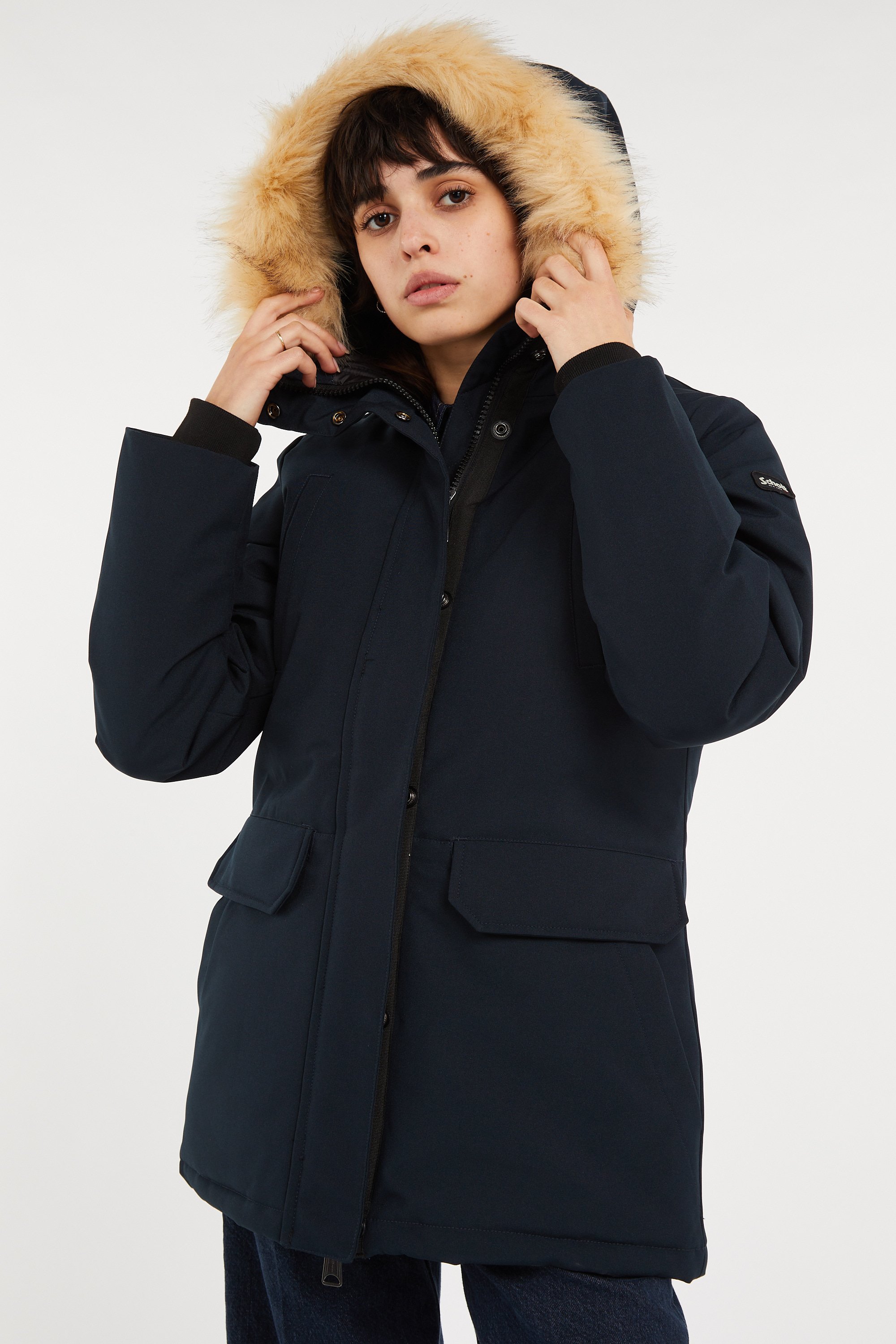 Zipped high-neck colorblock padded jacket with hood | Blue SCHOTT Women
