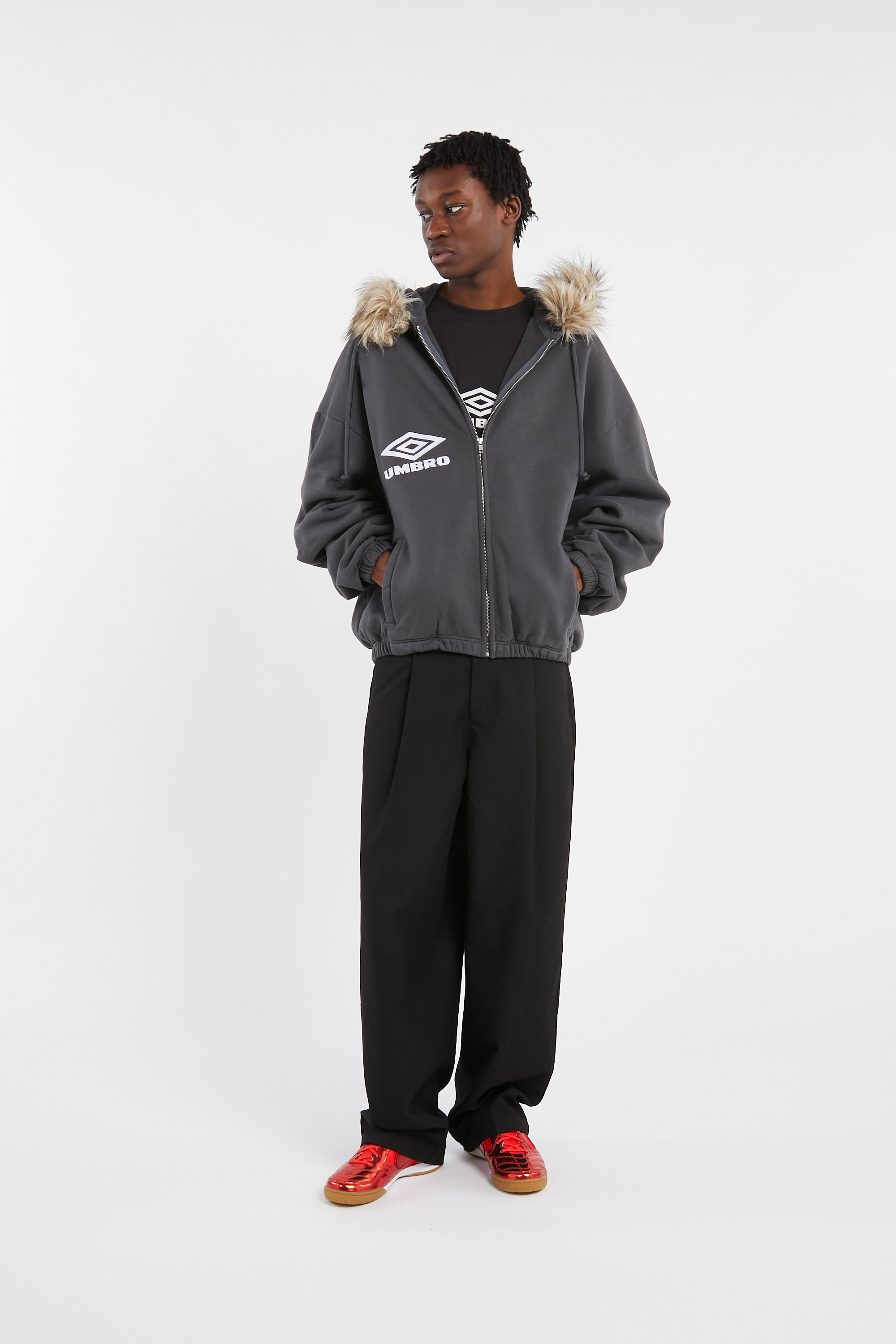 Regular-fit zip-up cotton-blend hoodie with Pony Player Grey